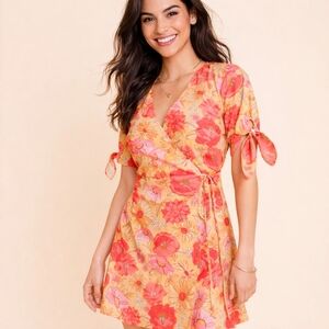 Mi Ami Mod Floral Mini Wrap Dress Tie Cuff Orange Yellow Surplice Women's XL NWT
